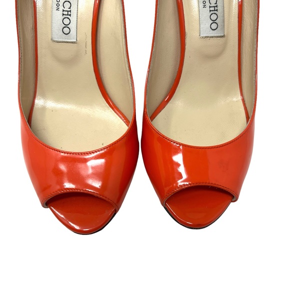 Jimmy Choo Patent Leather Orange Red Wedge Peep Toe Heels - Picture 4 of 9